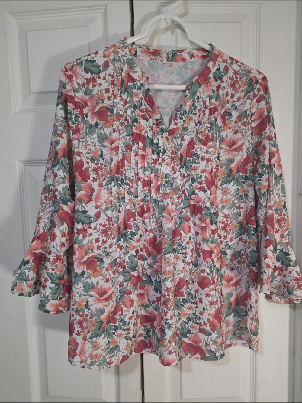 Floral Pintuck Women's Blouse - Coral & Green